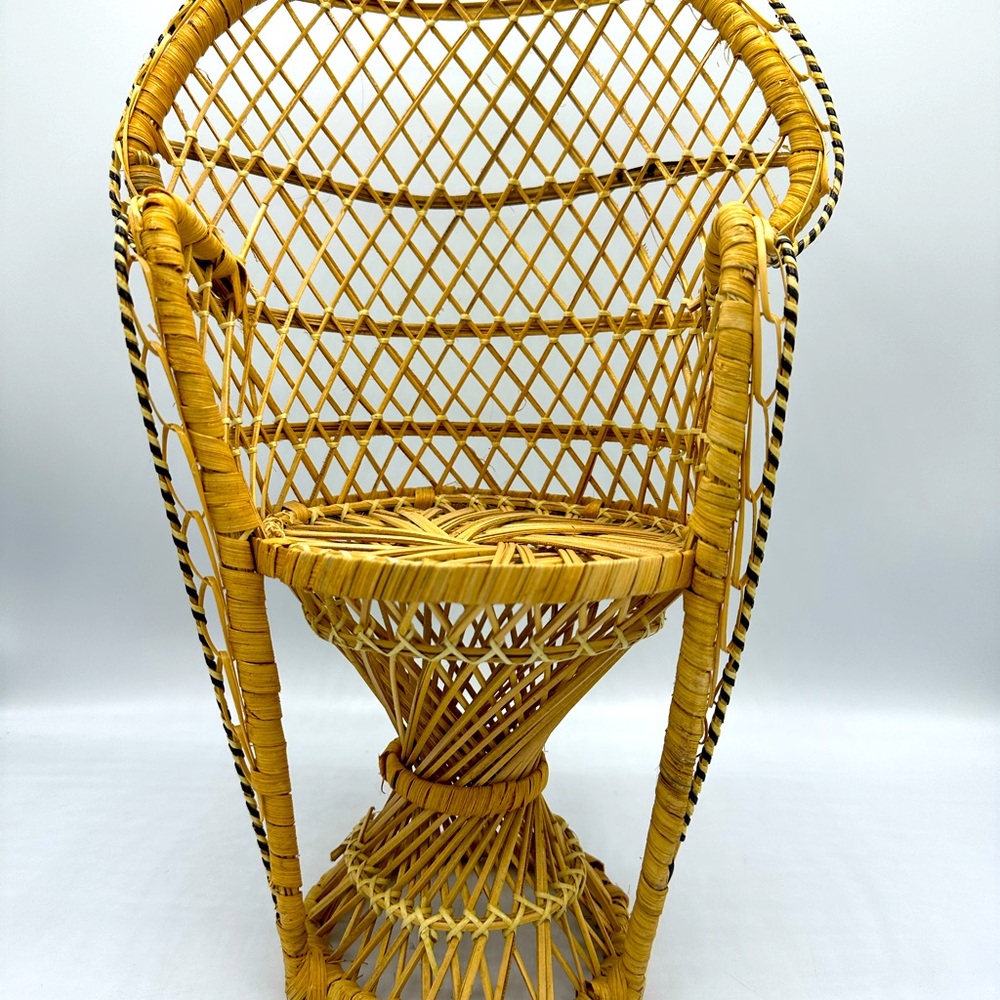 Vtg Peacock 16" Chair Fan Back Wicker Rattan Doll Plant Stand MCM Hippie Boho